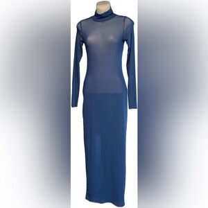 AFRM Shailene Long Sleeve Turtleneck Mesh Midi Dress NWOT XS  BODYCON Blue SHEER
